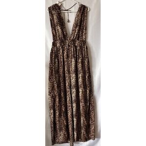 America & Beyond Women's Leopard Plunging Vneck Maxi Dress Beach Cover Size L‎